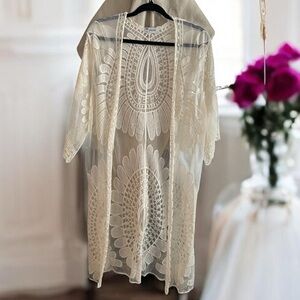 100% Cotton Lace with Mesh Kimono Cover-Up in Ivory Boho
